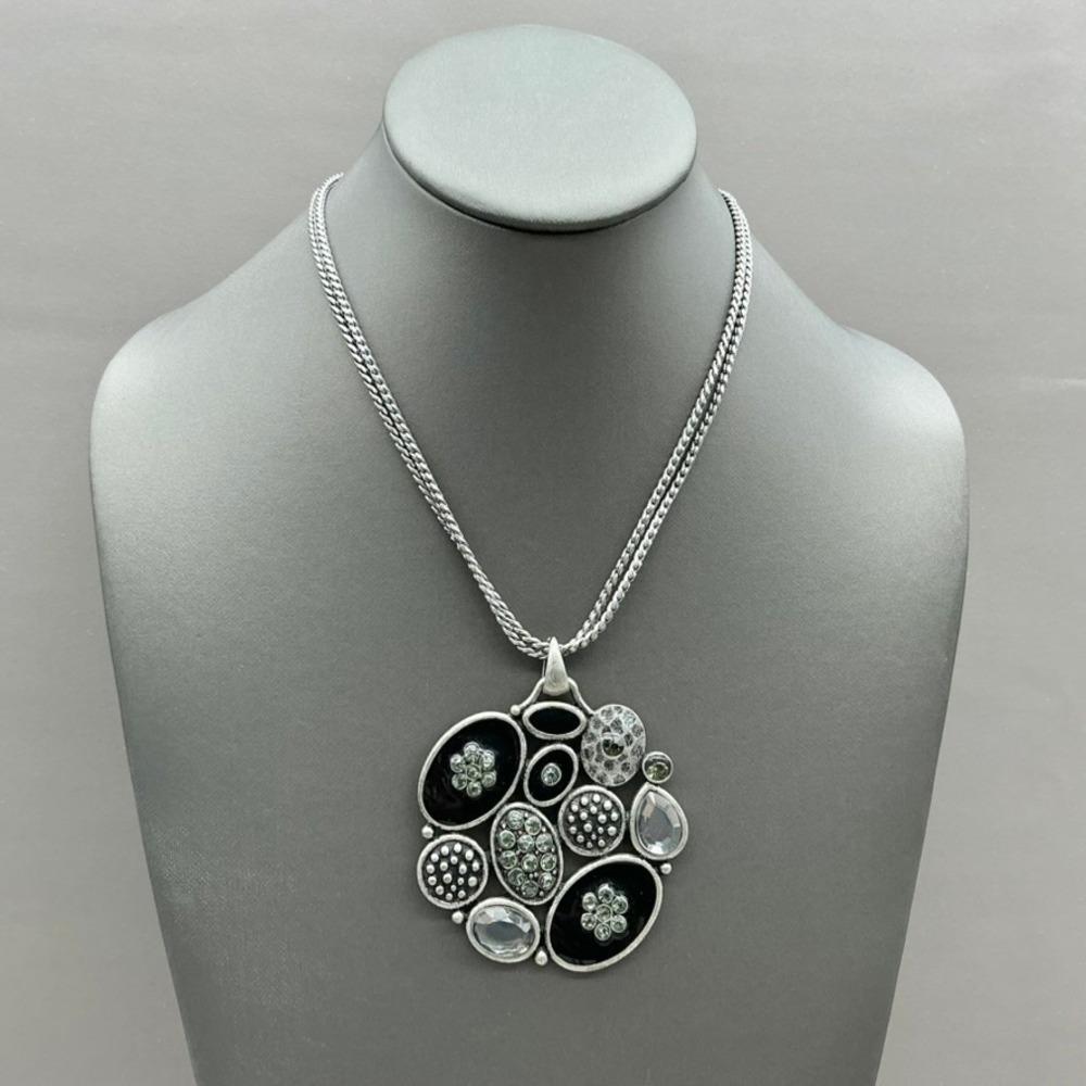 Laura Ashley Pendant Necklace Women Silver Tone Black Rhinestone Statement